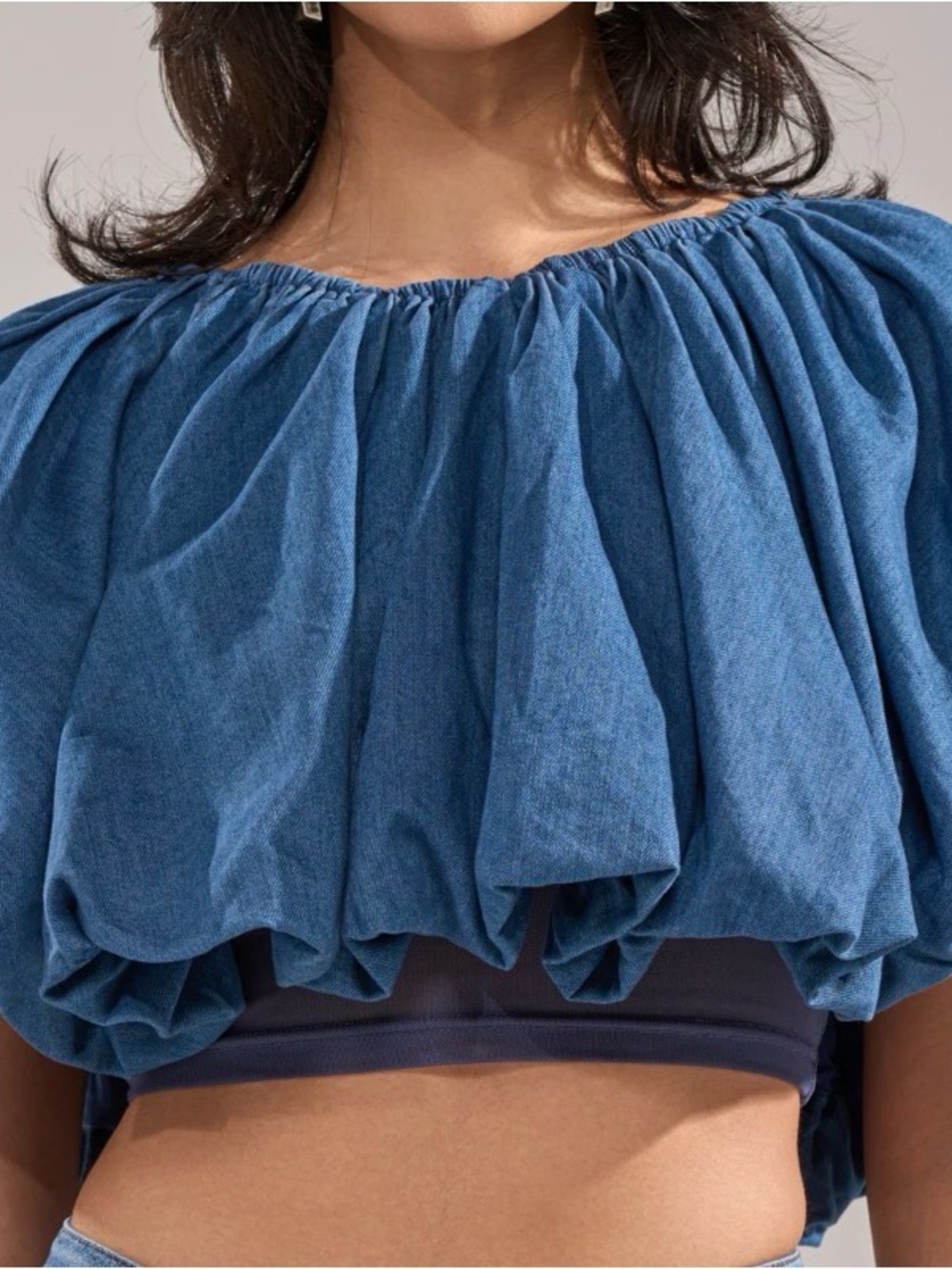 Akira Blue Off-Shoulder Ruffle Crop Top